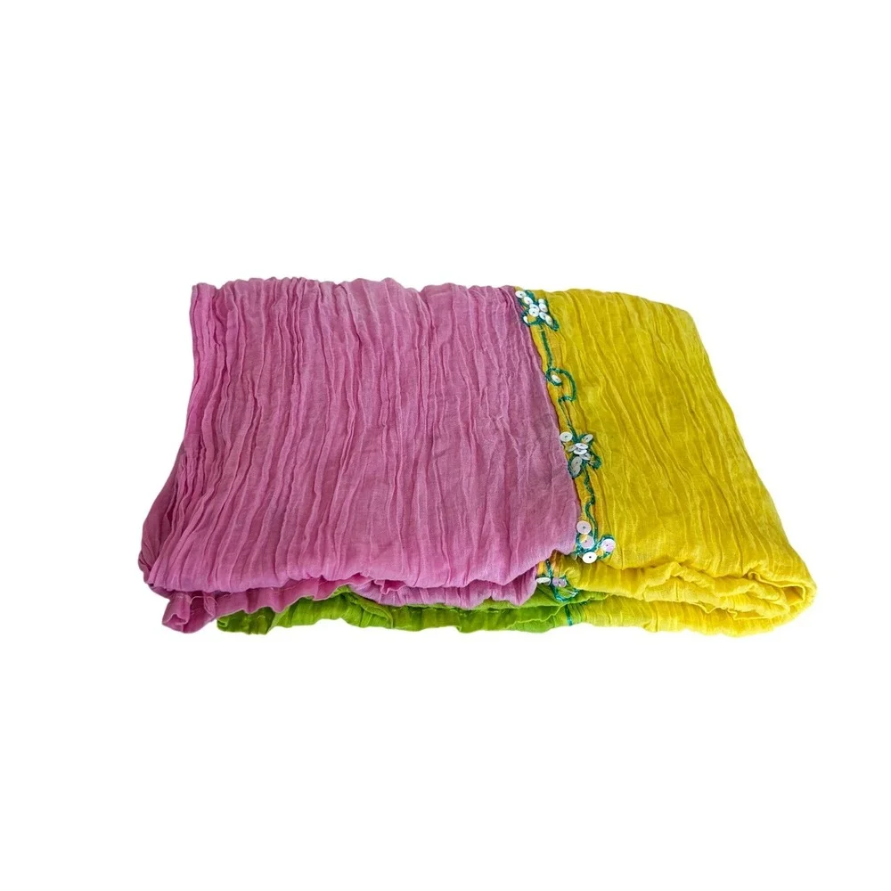 Boho Coastal Crinkle Sequin Embroidered Scarf Wrap Shawl‎ Pink Yellow Green OS